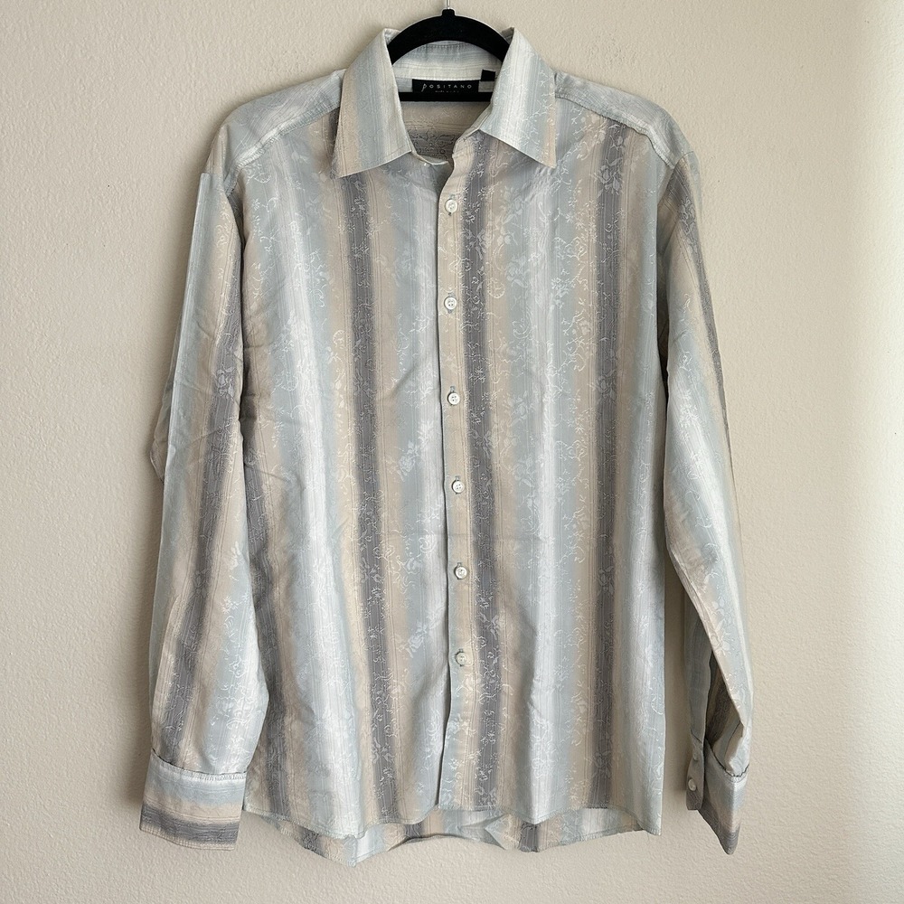 Positano Button Up Shirt Mens Large Multicolor Striped Floral Disco Vintage USA‎